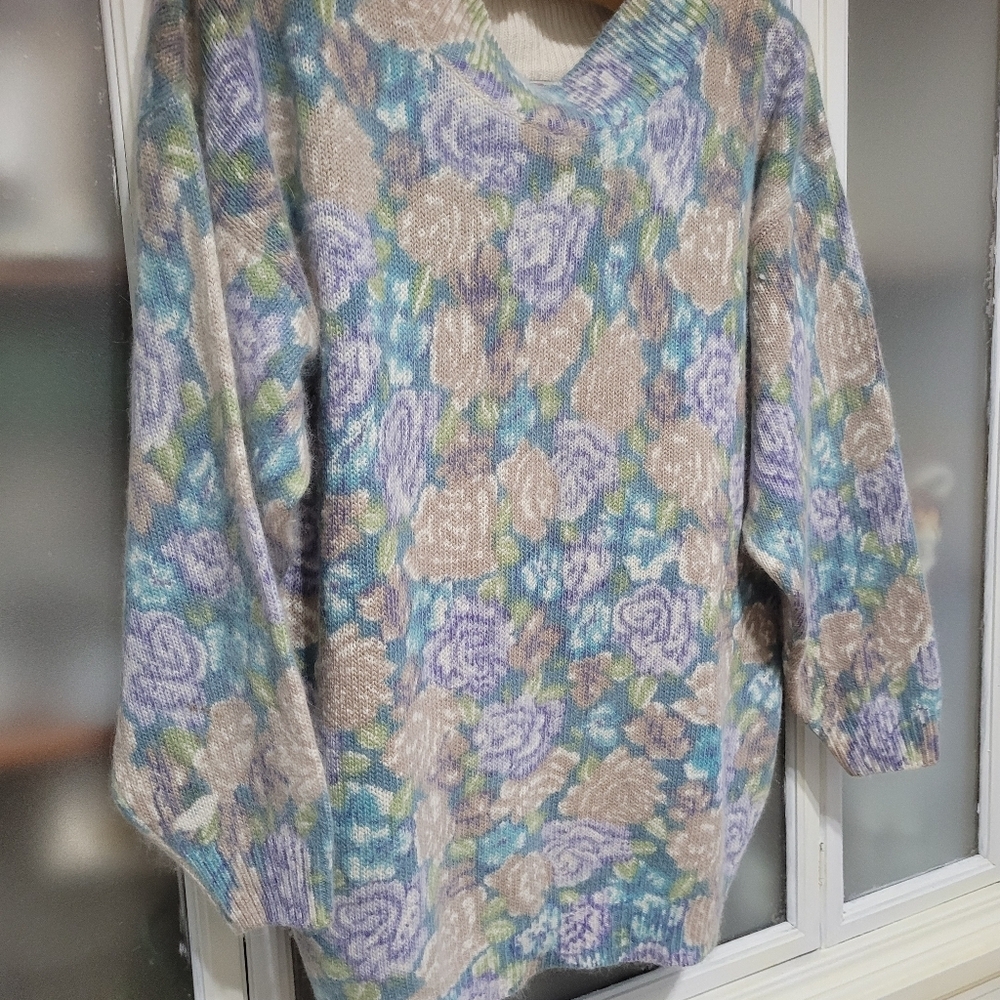 Vintage 80's Rare Extra Energy De Rotchild Floral Silk Angora Sweater M - Picture 3 of 8